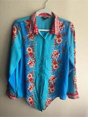 Sara Michelle Turquoise Floral Button-Down Shirt with Red Accents